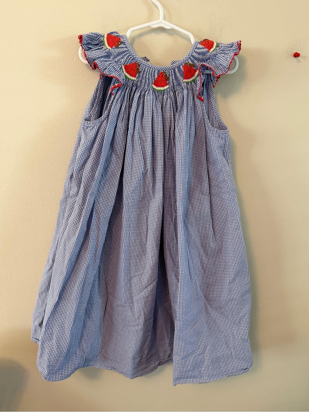 Silly Goose Smocked Gingham Watermelon Dress - Blue & Red